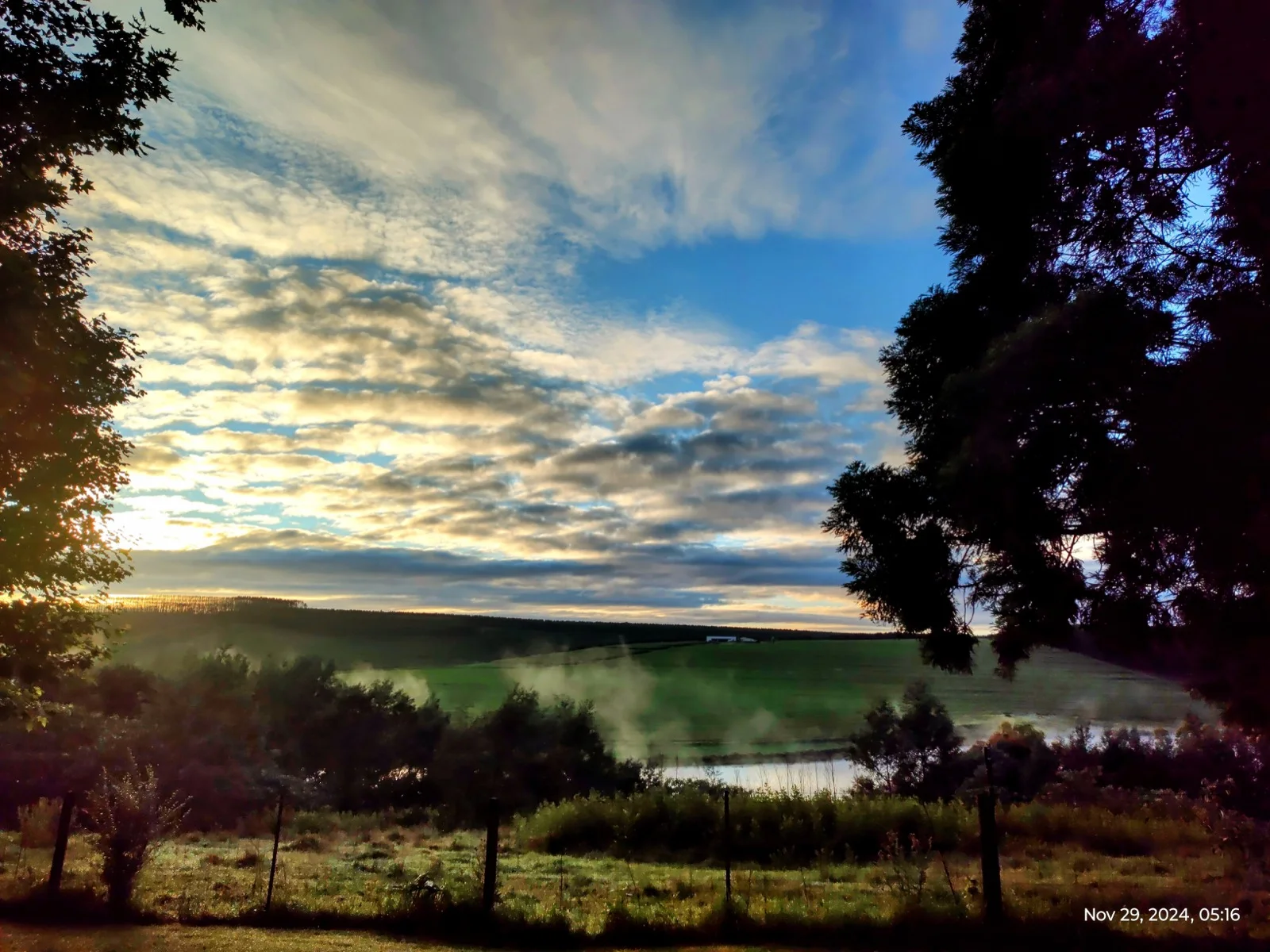 Morning mist over water and fields